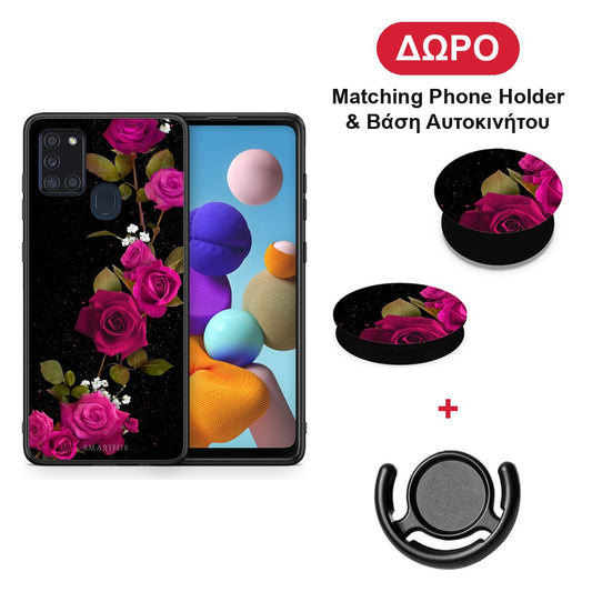 Flower Red Roses - Samsung Galaxy A21s θήκη + Δώρο Phone Holder & Βάση Αυτοκινήτου