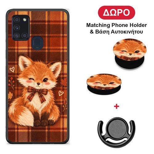 Fox on Autumn Tartan - Samsung Galaxy A21s θήκη + Δώρο Phone Holder & Βάση Αυτοκινήτου