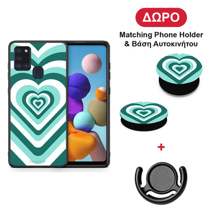 Green Hearts - Samsung Galaxy A21s θήκη + Δώρο Phone Holder & Βάση Αυτοκινήτου