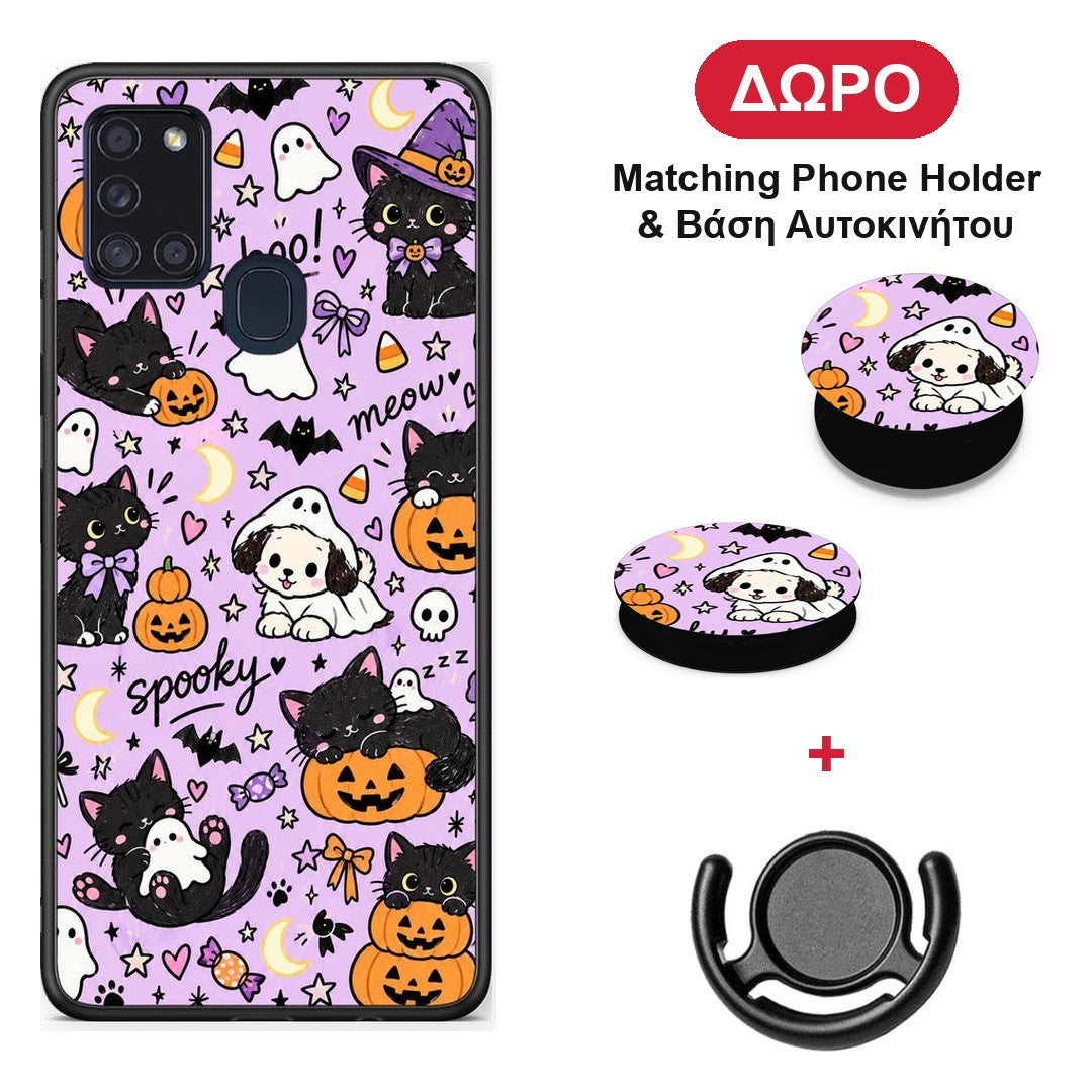 Halloween Black Cats on Lilac - Samsung Galaxy A21s θήκη + Δώρο Phone Holder & Βάση Αυτοκινήτου