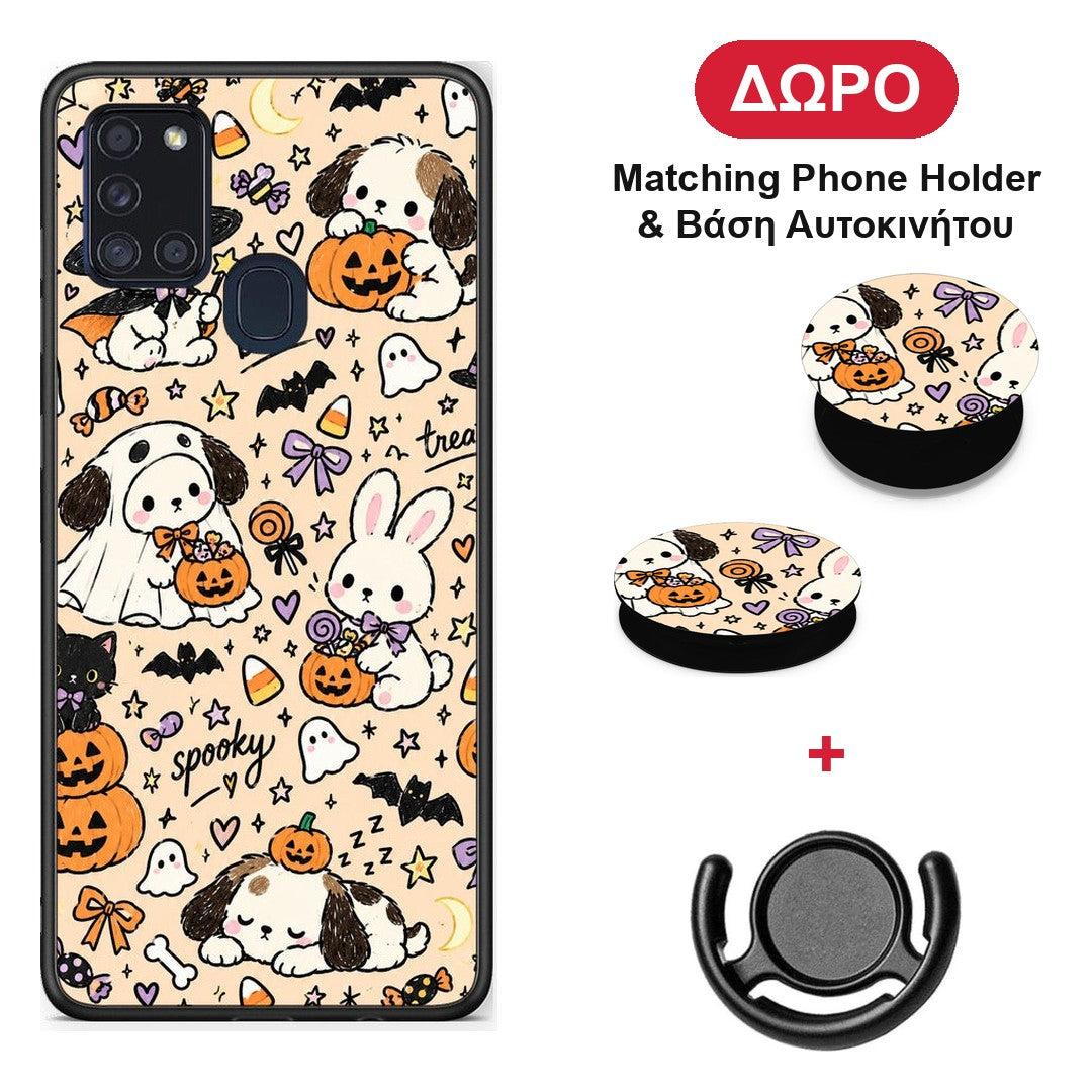 Halloween Puppies and Friends on Cream - Samsung Galaxy A21s θήκη + Δώρο Phone Holder & Βάση Αυτοκινήτου