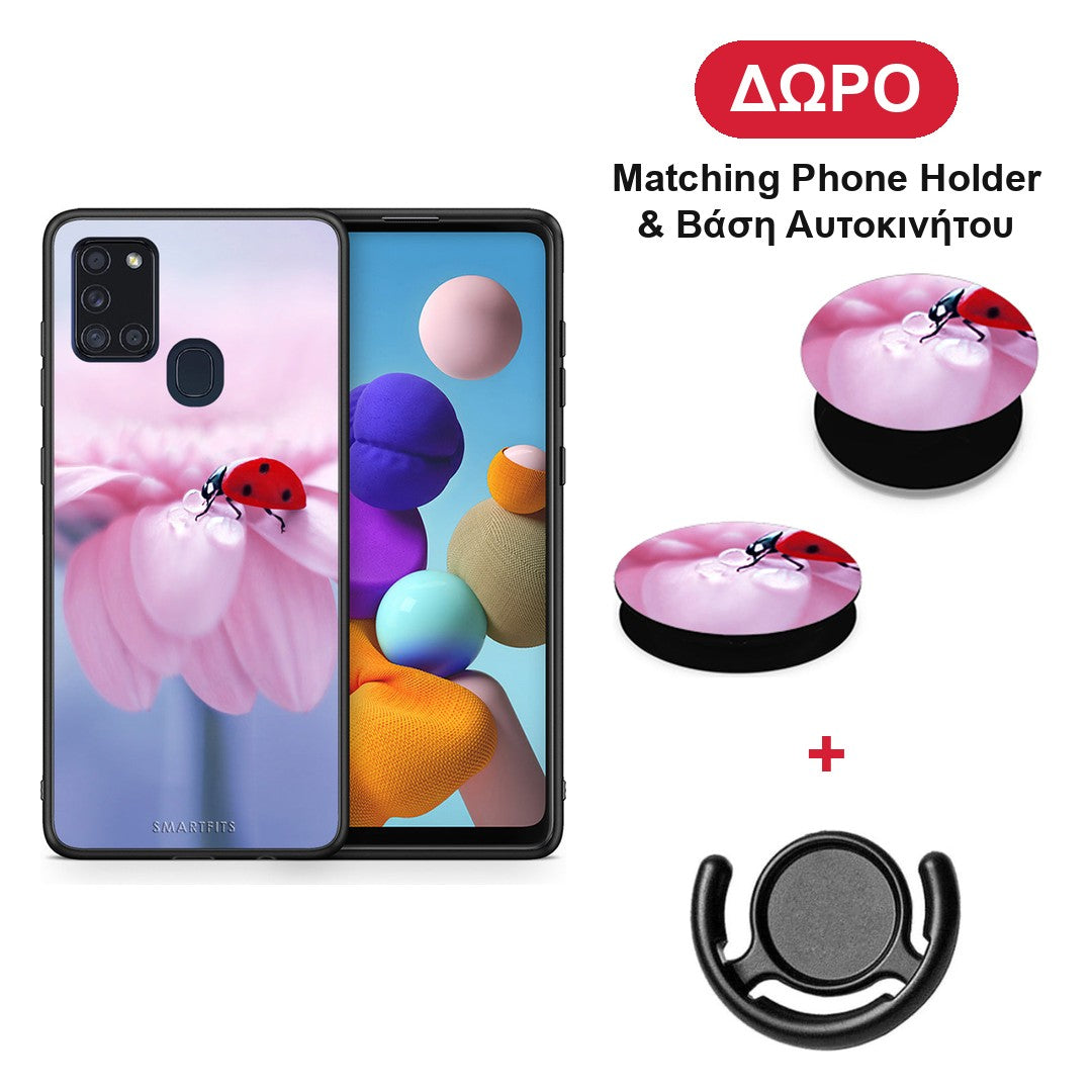 Ladybug Flower - Samsung Galaxy A21s θήκη + Δώρο Phone Holder & Βάση Αυτοκινήτου