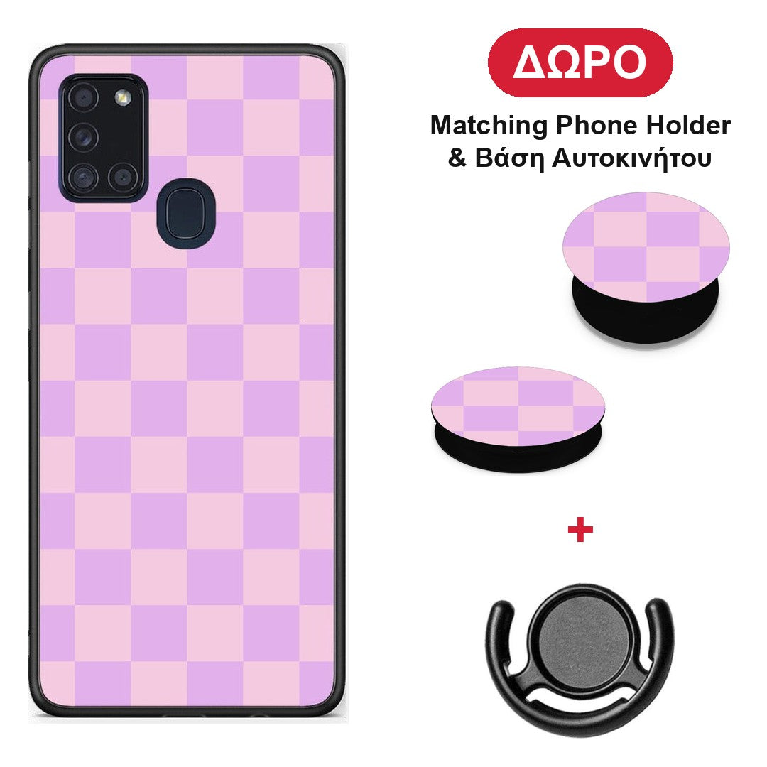 Lavender and Pink Checkerboard - Samsung Galaxy A21s θήκη + Δώρο Phone Holder & Βάση Αυτοκινήτου