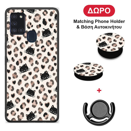 Leopard Spots and Black Cats on Cream - Samsung Galaxy A21s θήκη + Δώρο Phone Holder & Βάση Αυτοκινήτου