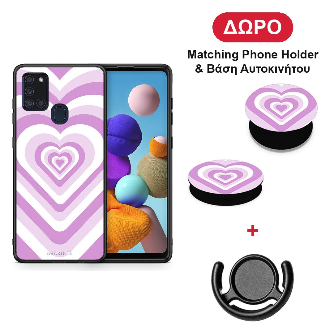 Lilac Hearts - Samsung Galaxy A21s θήκη + Δώρο Phone Holder & Βάση Αυτοκινήτου