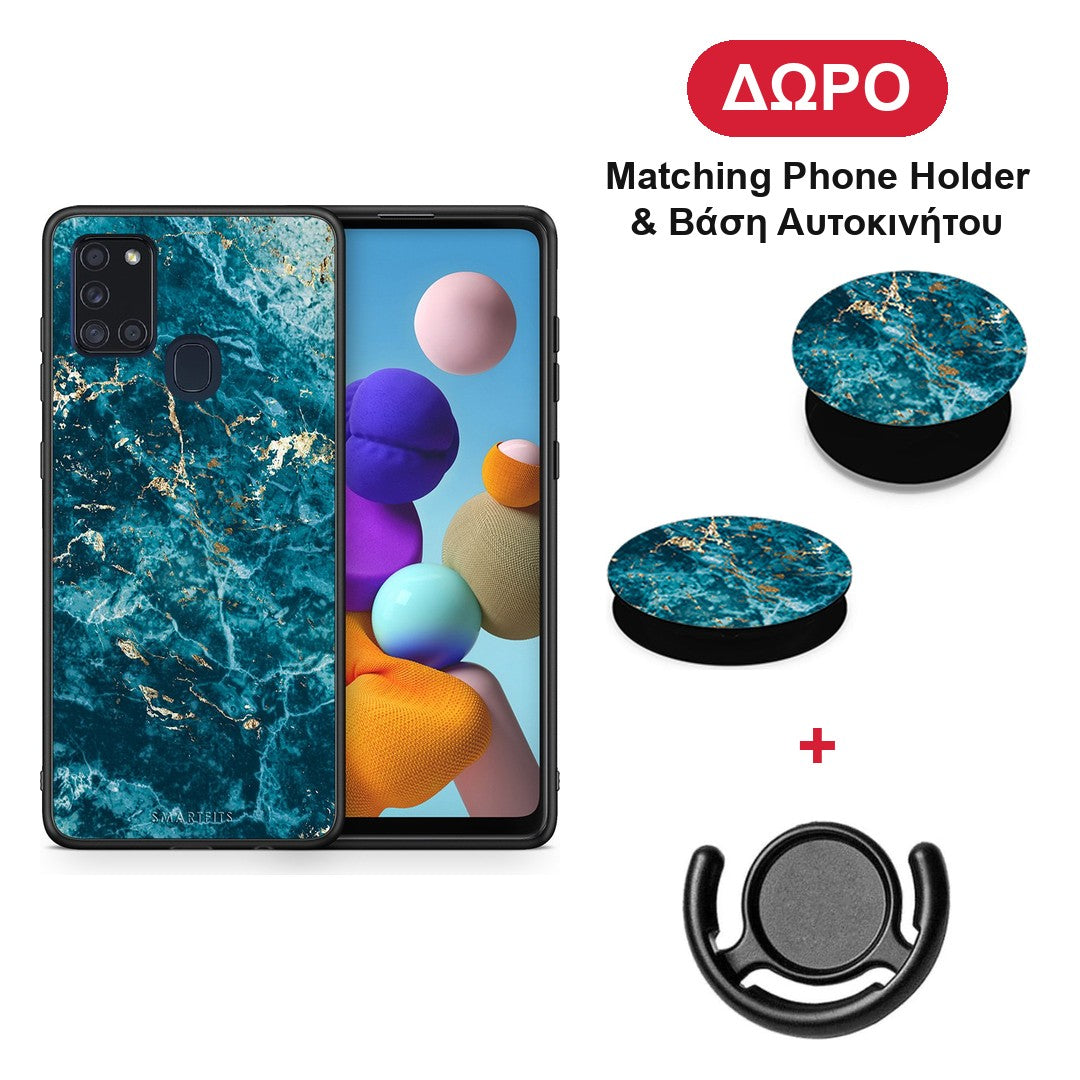 Marble Blue - Samsung Galaxy A21s θήκη + Δώρο Phone Holder & Βάση Αυτοκινήτου