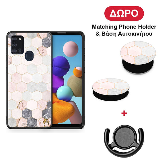 Marble Hexagon Pink - Samsung Galaxy A21s θήκη + Δώρο Phone Holder & Βάση Αυτοκινήτου