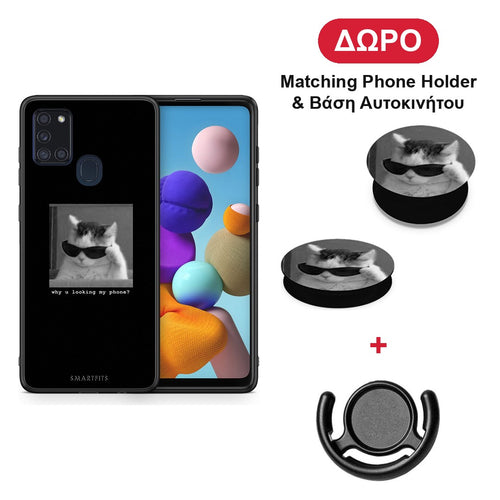 Meme Cat - Samsung Galaxy A21s θήκη + Δώρο Phone Holder & Βάση Αυτοκινήτου