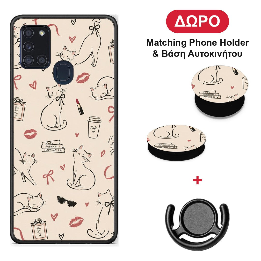 Minimal Cat and Fashion Doodles on Cream - Samsung Galaxy A21s θήκη + Δώρο Phone Holder & Βάση Αυτοκινήτου