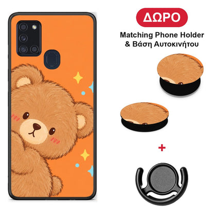 Peekaboo Teddy on Orange - Samsung Galaxy A21s θήκη + Δώρο Phone Holder & Βάση Αυτοκινήτου