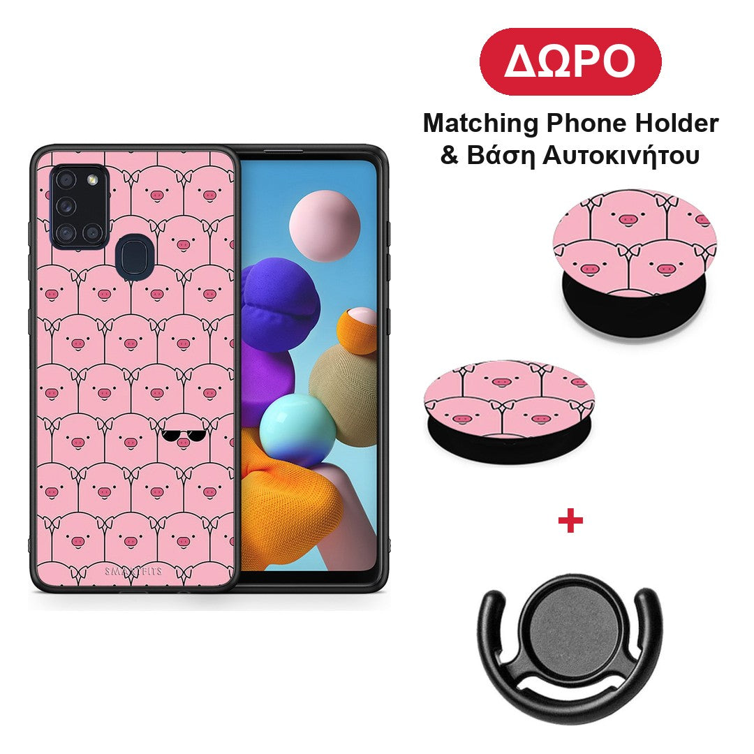 Pig Glasses - Samsung Galaxy A21s θήκη + Δώρο Phone Holder & Βάση Αυτοκινήτου