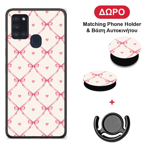 Pink Bow Lattice and Hearts on Cream - Samsung Galaxy A21s θήκη + Δώρο Phone Holder & Βάση Αυτοκινήτου