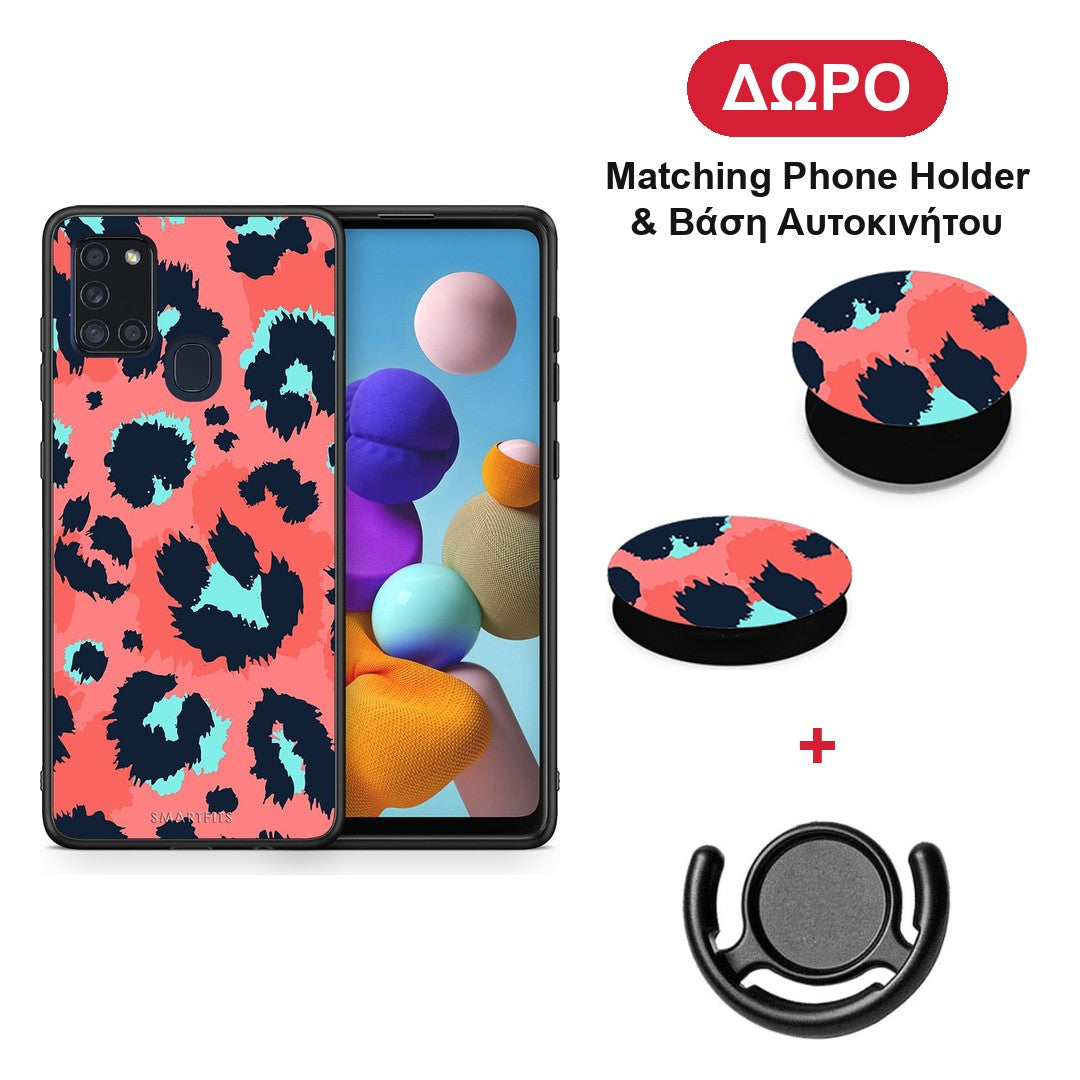 Animal Pink Leopard - Samsung Galaxy A21s θήκη + Δώρο Phone Holder & Βάση Αυτοκινήτου
