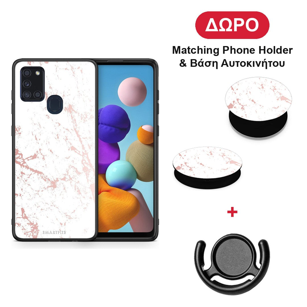Marble Pink Splash - Samsung Galaxy A21s θήκη + Δώρο Phone Holder & Βάση Αυτοκινήτου