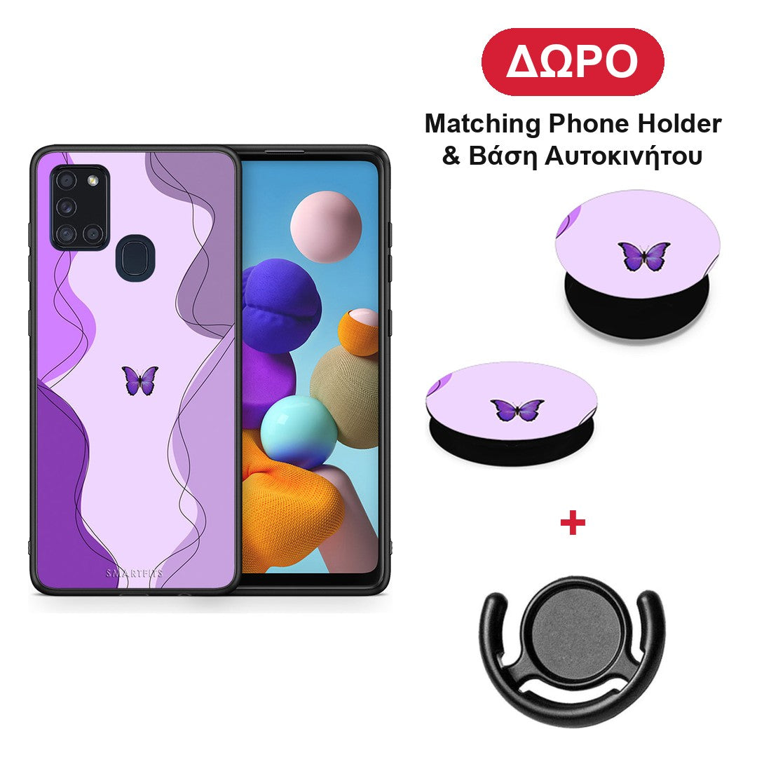 Purple Mariposa - Samsung Galaxy A21s θήκη + Δώρο Phone Holder & Βάση Αυτοκινήτου
