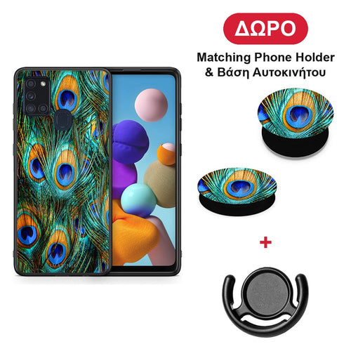 Real Peacock Feathers - Samsung Galaxy A21s θήκη + Δώρο Phone Holder & Βάση Αυτοκινήτου