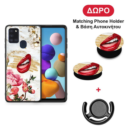 Red Lips - Samsung Galaxy A21s θήκη + Δώρο Phone Holder & Βάση Αυτοκινήτου