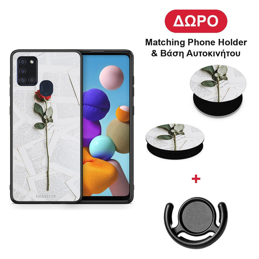 Red Rose - Samsung Galaxy A21s θήκη + Δώρο Phone Holder & Βάση Αυτοκινήτου