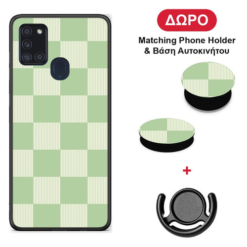 Sage and Cream Striped Checks - Samsung Galaxy A21s θήκη + Δώρο Phone Holder & Βάση Αυτοκινήτου