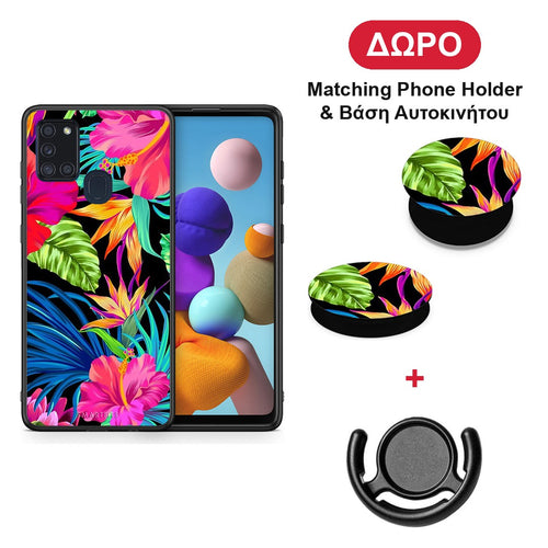 Tropical Flowers - Samsung Galaxy A21s θήκη + Δώρο Phone Holder & Βάση Αυτοκινήτου