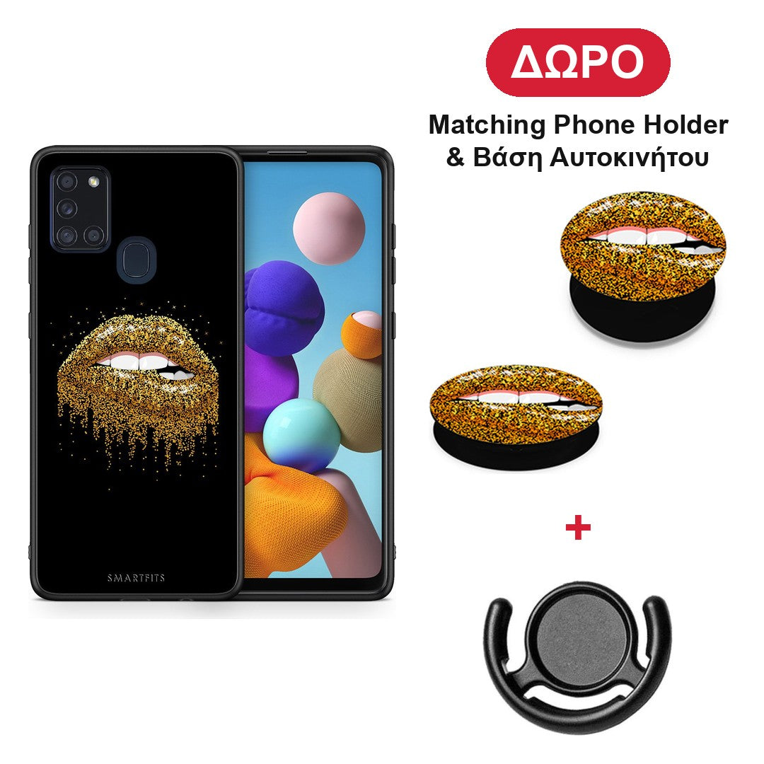Valentine Golden - Samsung Galaxy A21s θήκη + Δώρο Phone Holder & Βάση Αυτοκινήτου