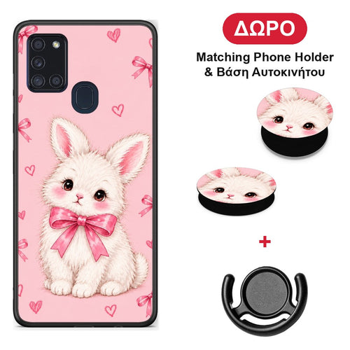 White Bunny and Pink Bows - Samsung Galaxy A21s θήκη + Δώρο Phone Holder & Βάση Αυτοκινήτου