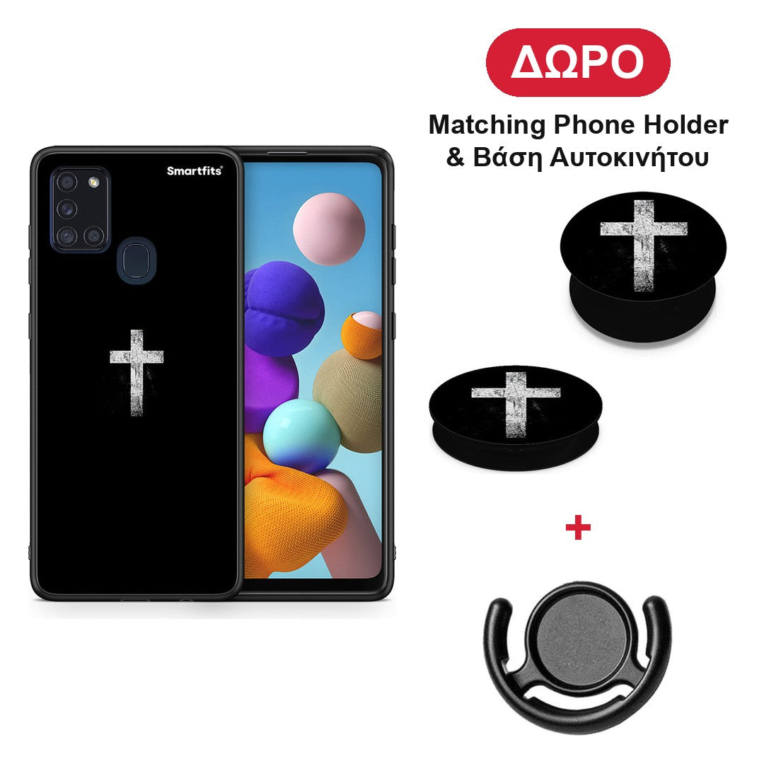 White Cross - Samsung Galaxy A21s θήκη + Δώρο Phone Holder & Βάση Αυτοκινήτου