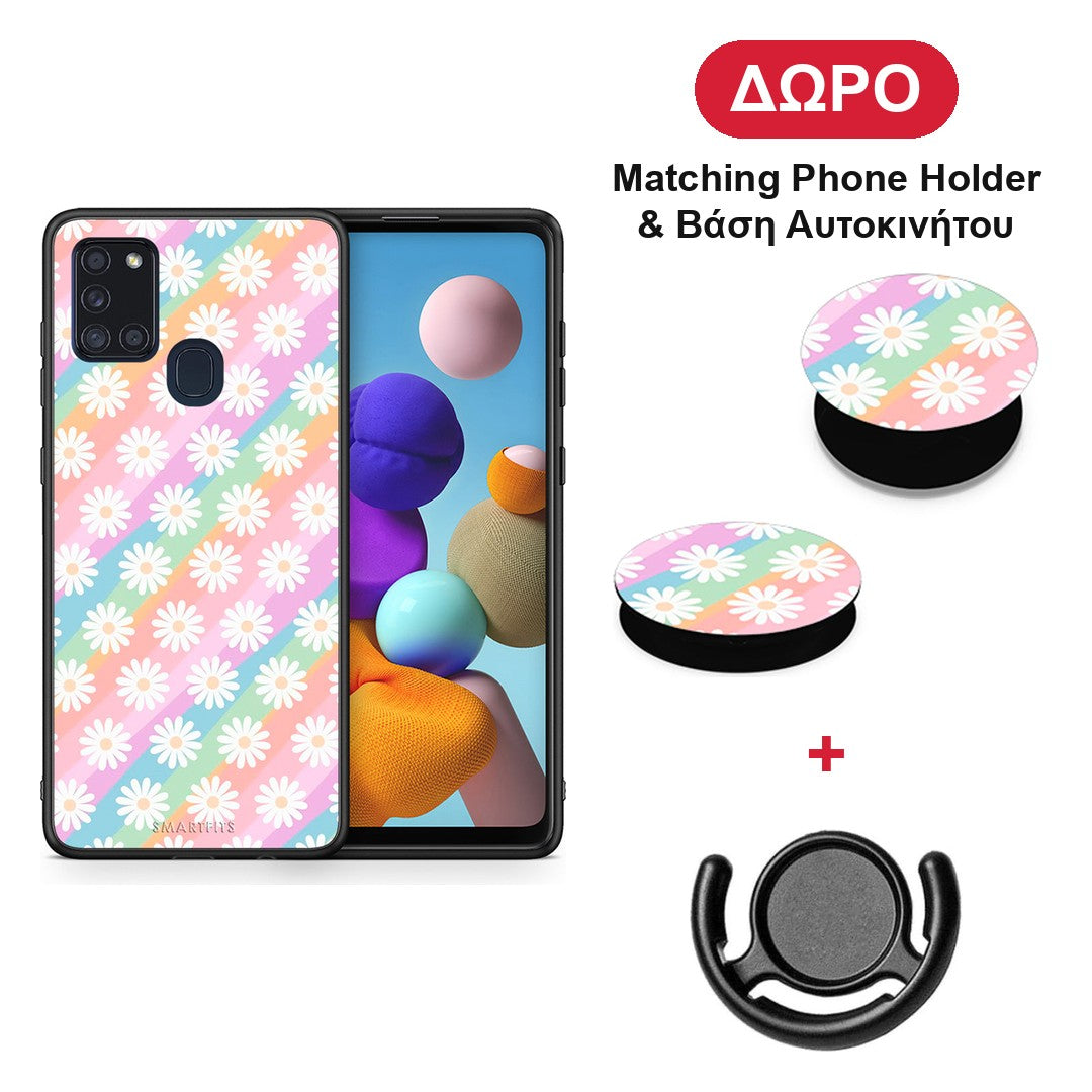 White Daisies - Samsung Galaxy A21s θήκη + Δώρο Phone Holder & Βάση Αυτοκινήτου