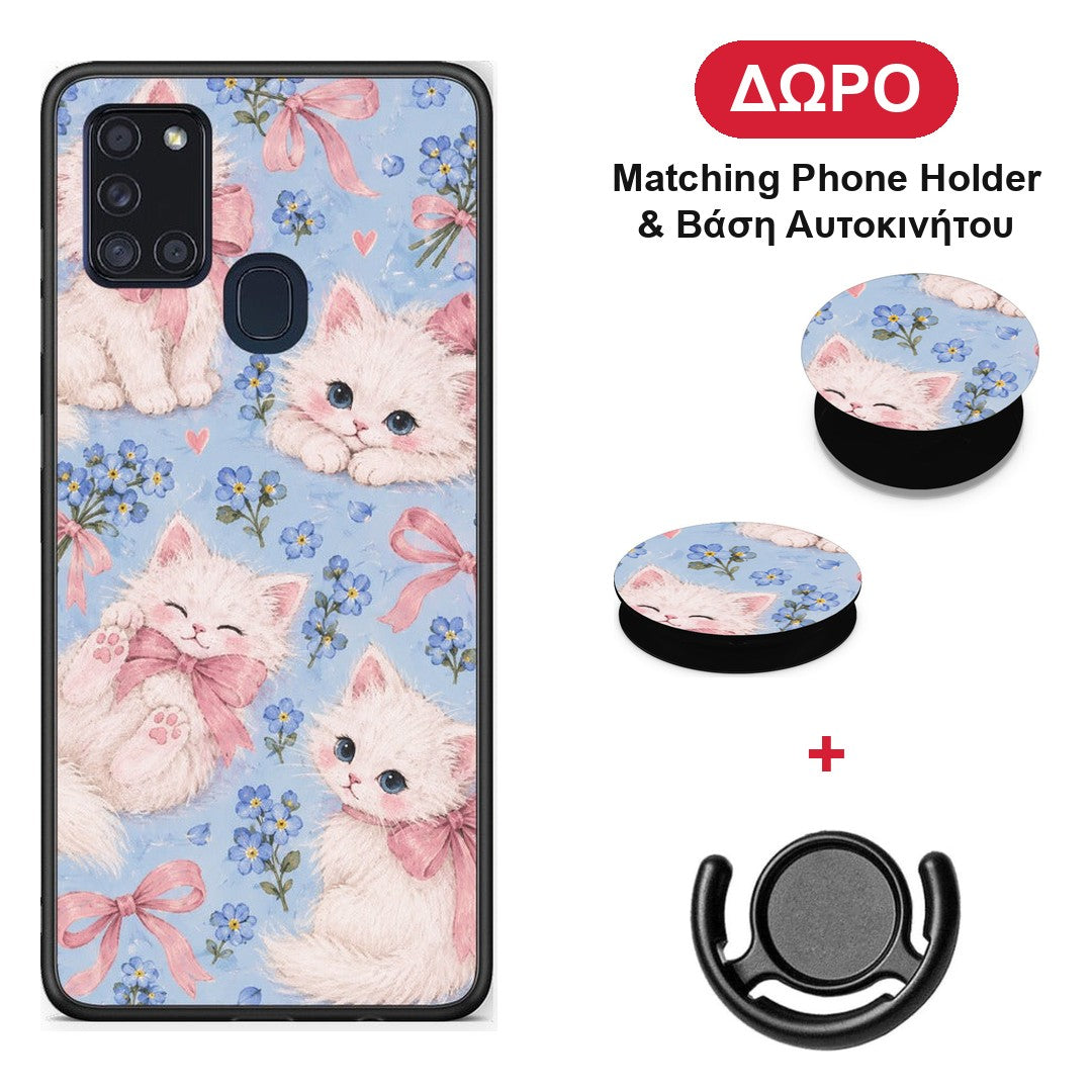 White Kittens and Blue Flowers Large - Samsung Galaxy A21s θήκη + Δώρο Phone Holder & Βάση Αυτοκινήτου