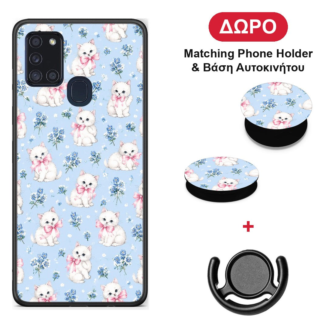White Kittens and Blue Flowers Small - Samsung Galaxy A21s θήκη + Δώρο Phone Holder & Βάση Αυτοκινήτου