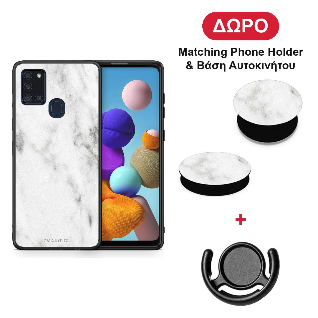 Marble White - Samsung Galaxy A21s θήκη + Δώρο Phone Holder & Βάση Αυτοκινήτου