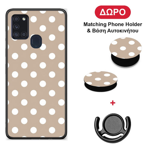 White Polka Dots on Taupe - Samsung Galaxy A21s θήκη + Δώρο Phone Holder & Βάση Αυτοκινήτου