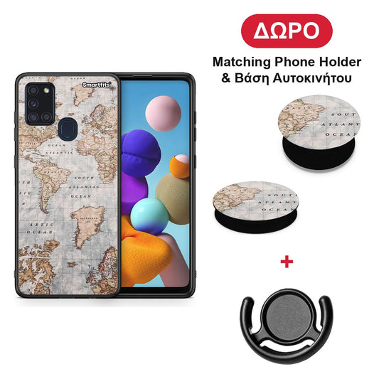 World Map - Samsung Galaxy A21s θήκη + Δώρο Phone Holder & Βάση Αυτοκινήτου