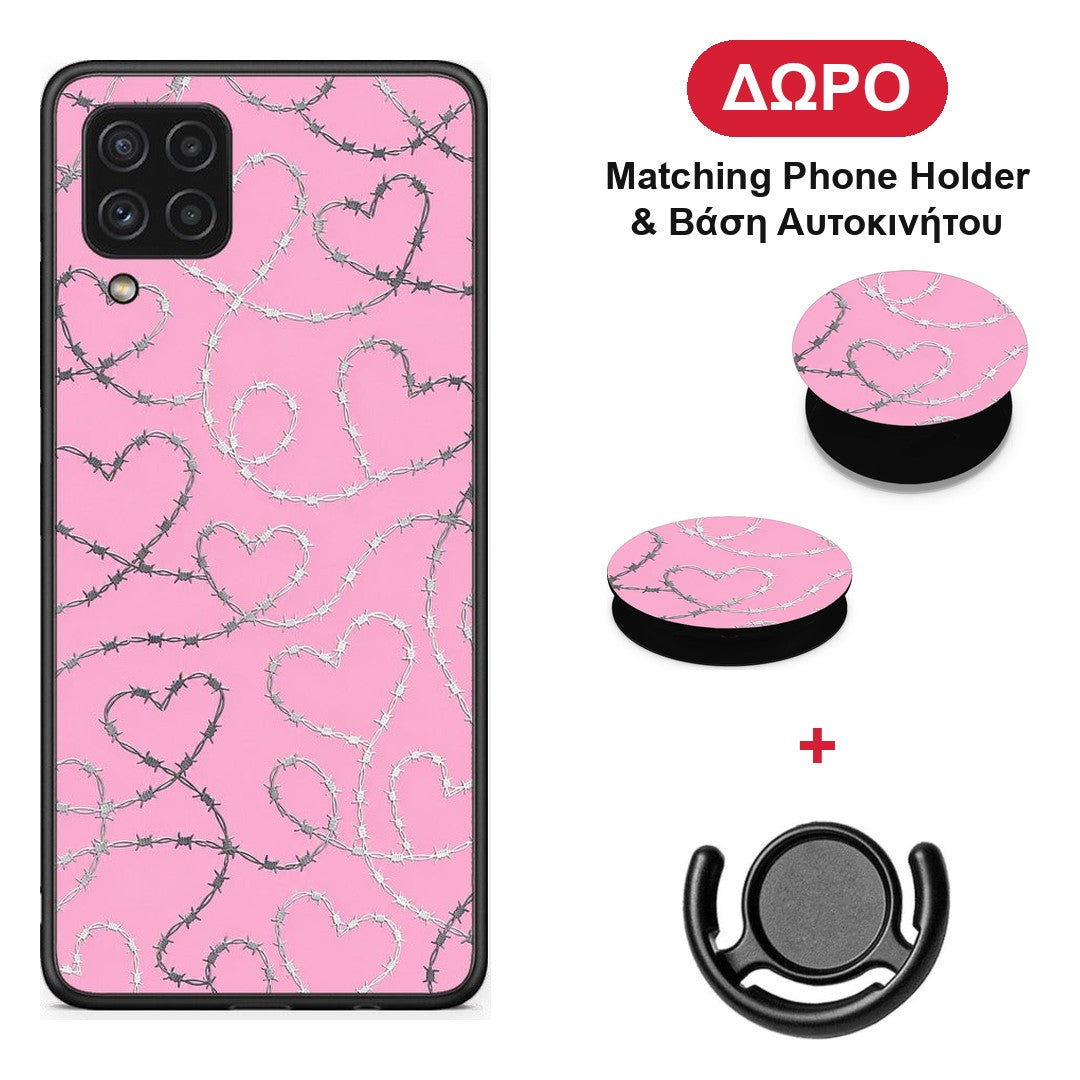 Barbed Wire Hearts on Pink - Samsung Galaxy A22 4G θήκη + Δώρο Phone Holder & Βάση Αυτοκινήτου