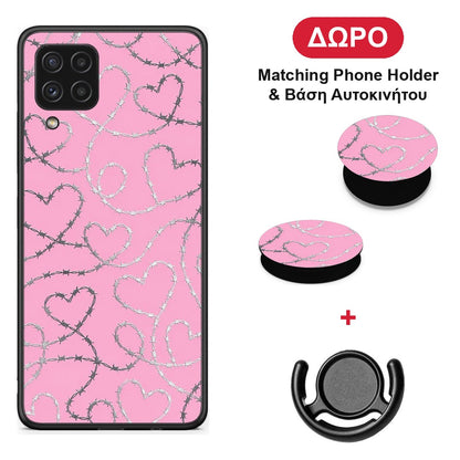 Barbed Wire Hearts on Pink - Samsung Galaxy A22 4G θήκη + Δώρο Phone Holder & Βάση Αυτοκινήτου