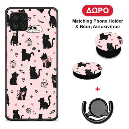 Black Cat Doodles on Pink - Samsung Galaxy A22 4G θήκη + Δώρο Phone Holder & Βάση Αυτοκινήτου