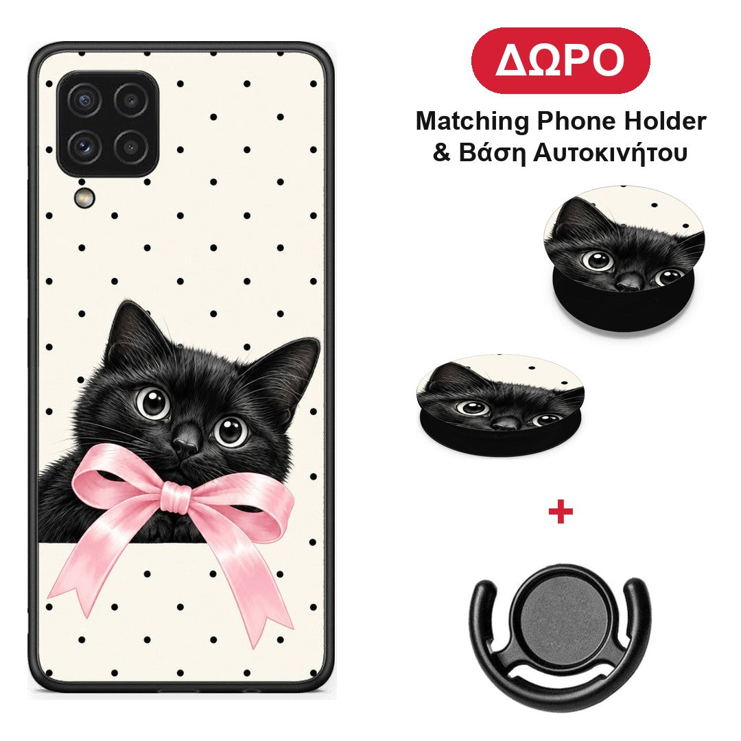 Black Kitten Pink Bow and Polka Dots - Samsung Galaxy A22 4G θήκη + Δώρο Phone Holder & Βάση Αυτοκινήτου