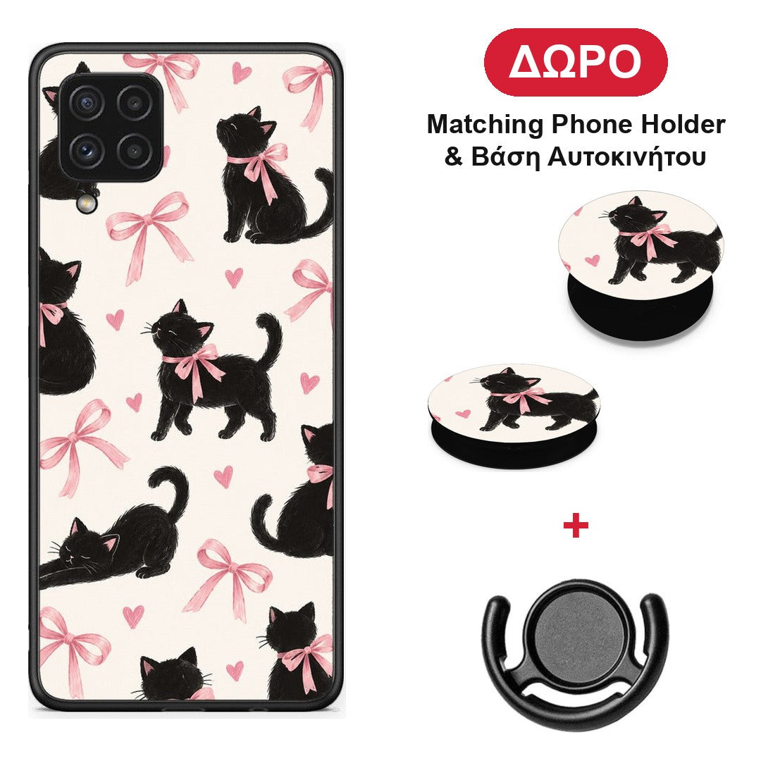 Black Kittens and Pink Bows on Cream Large - Samsung Galaxy A22 4G θήκη + Δώρο Phone Holder & Βάση Αυτοκινήτου