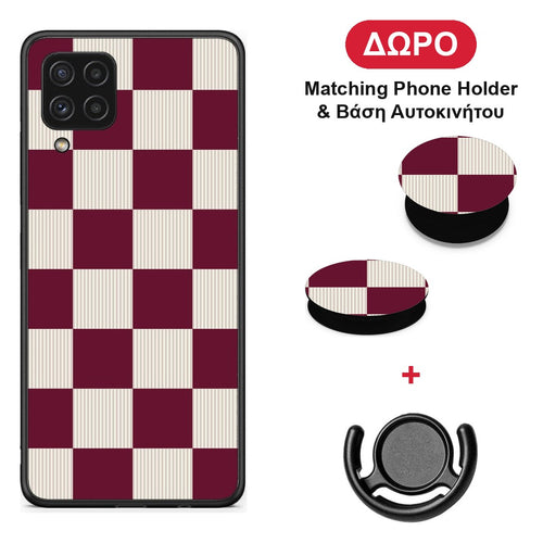 Burgundy and Cream Striped Checks - Samsung Galaxy A22 4G θήκη + Δώρο Phone Holder & Βάση Αυτοκινήτου