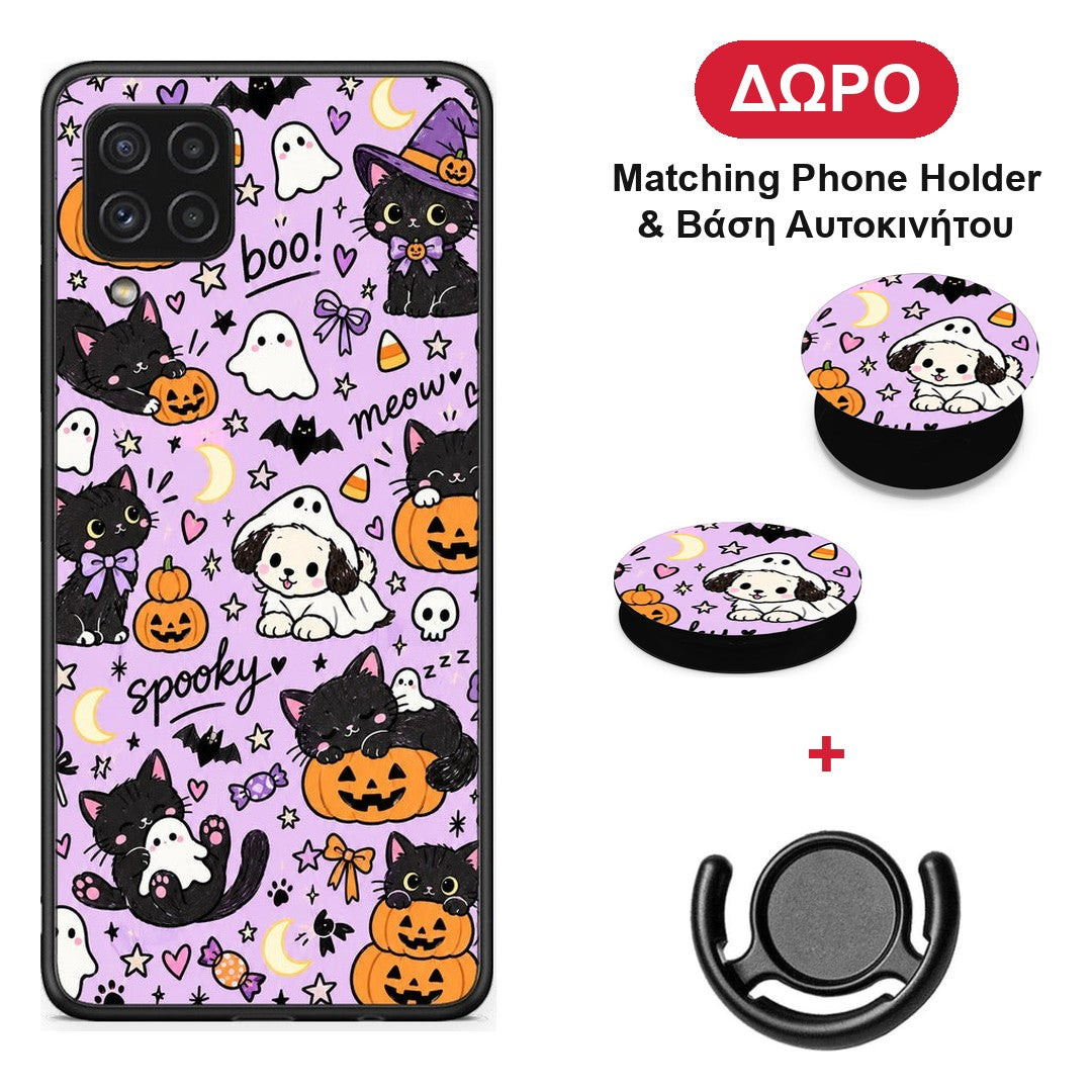 Halloween Black Cats on Lilac - Samsung Galaxy A22 4G θήκη + Δώρο Phone Holder & Βάση Αυτοκινήτου