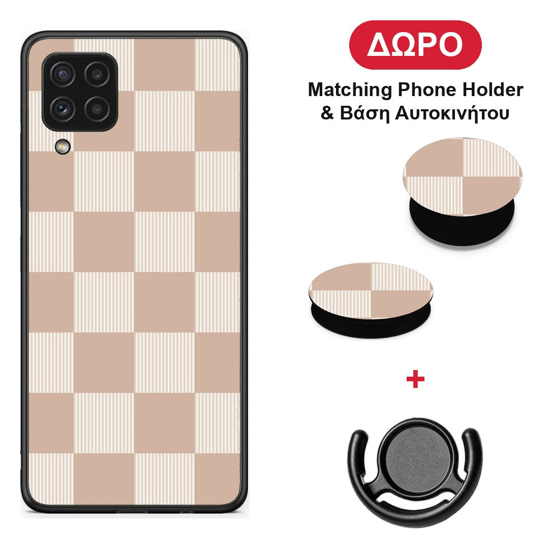 Latte and Cream Striped Checks - Samsung Galaxy A22 4G θήκη + Δώρο Phone Holder & Βάση Αυτοκινήτου