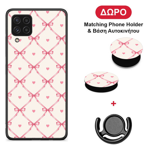 Pink Bow Lattice and Hearts on Cream - Samsung Galaxy A22 4G θήκη + Δώρο Phone Holder & Βάση Αυτοκινήτου