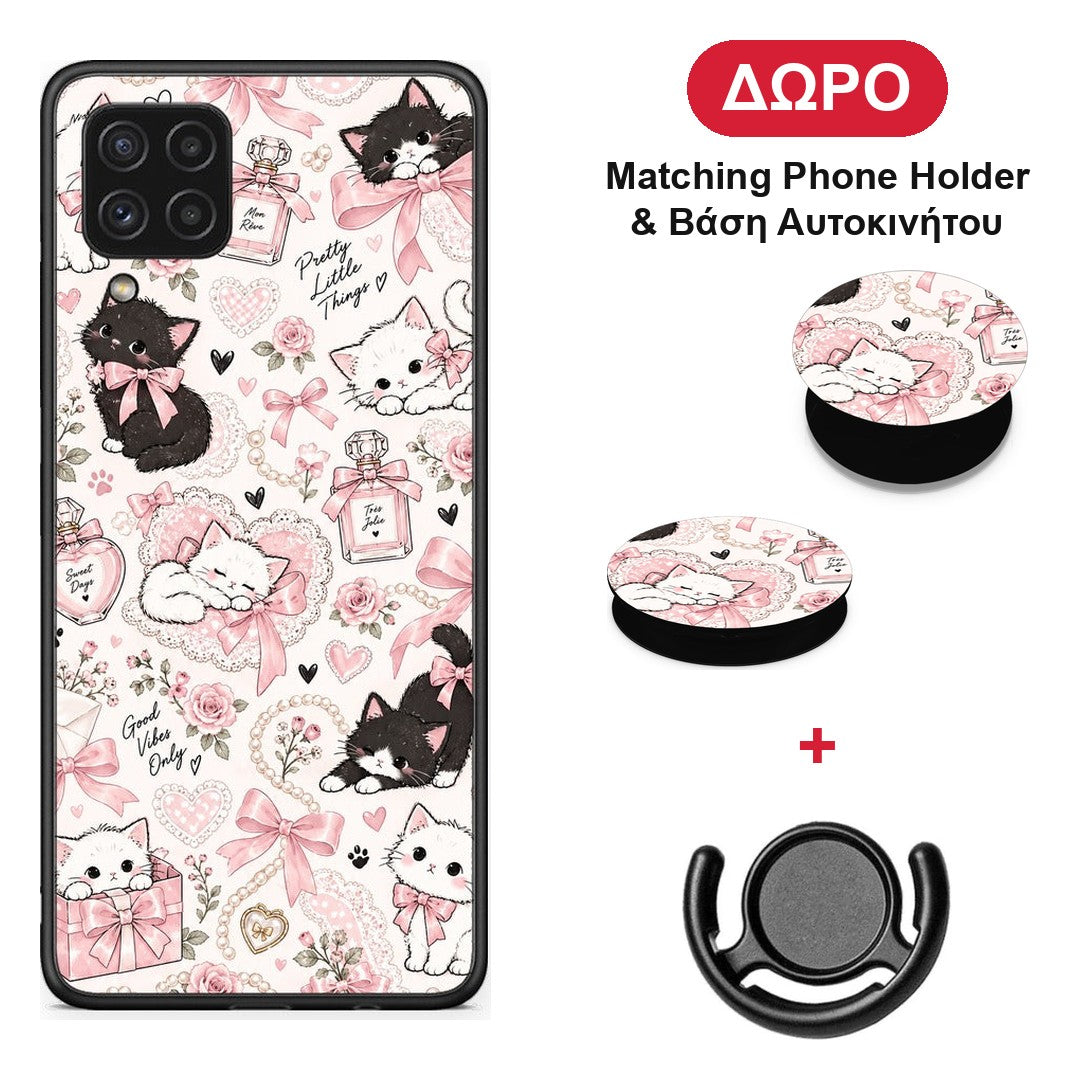 Pink Bows and Kittens Collage - Samsung Galaxy A22 4G θήκη + Δώρο Phone Holder & Βάση Αυτοκινήτου