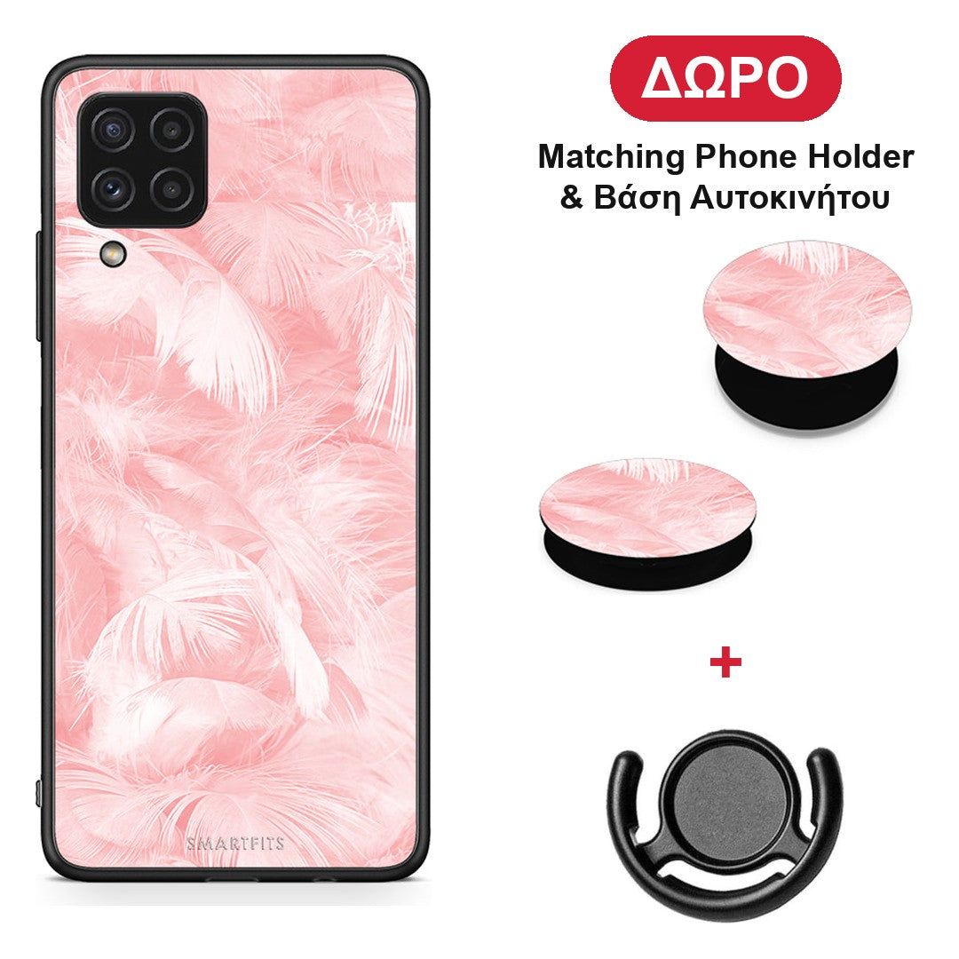 Boho Pink Feather - Samsung Galaxy A22 4G θήκη + Δώρο Phone Holder & Βάση Αυτοκινήτου
