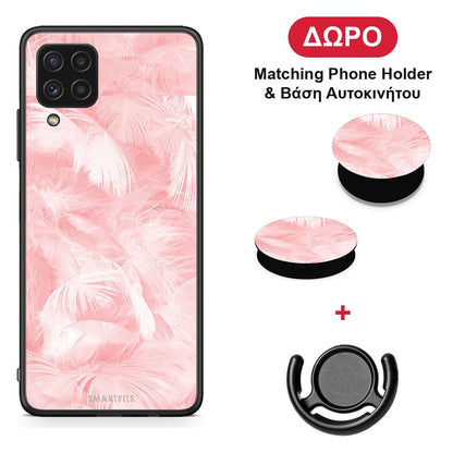 Boho Pink Feather - Samsung Galaxy A22 4G θήκη + Δώρο Phone Holder & Βάση Αυτοκινήτου