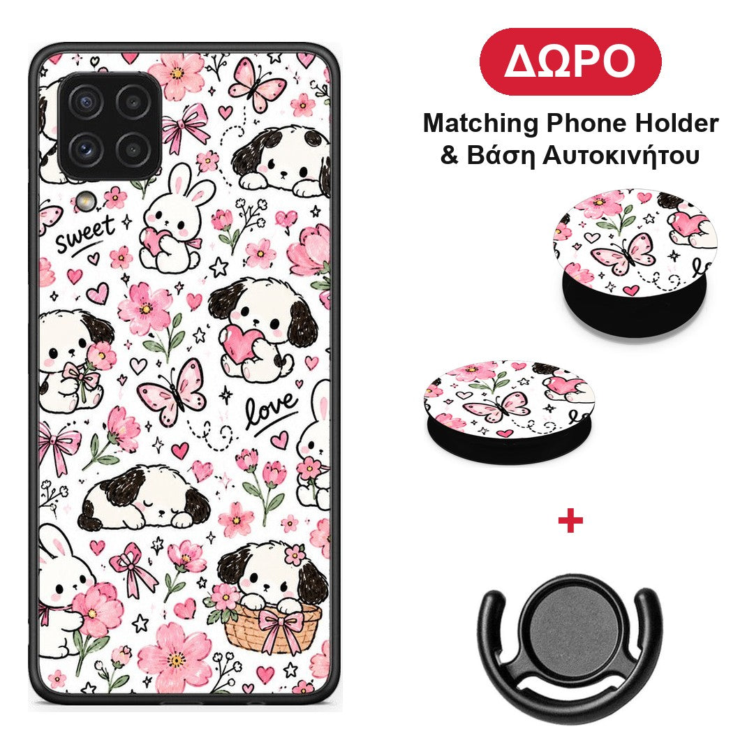 Pink Florals Puppies and Bunnies on White - Samsung Galaxy A22 4G θήκη + Δώρο Phone Holder & Βάση Αυτοκινήτου