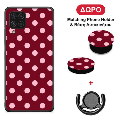 Pink Polka Dots on Burgundy - Samsung Galaxy A22 4G θήκη + Δώρο Phone Holder & Βάση Αυτοκινήτου