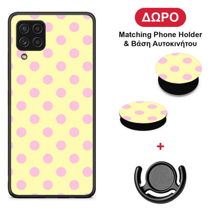 Pink Polka Dots on Yellow - Samsung Galaxy A22 4G θήκη + Δώρο Phone Holder & Βάση Αυτοκινήτου