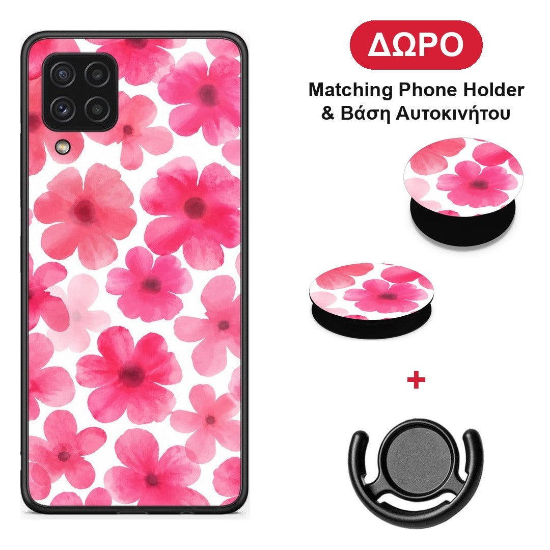 Pink Watercolour Flowers on White - Samsung Galaxy A22 4G θήκη + Δώρο Phone Holder & Βάση Αυτοκινήτου