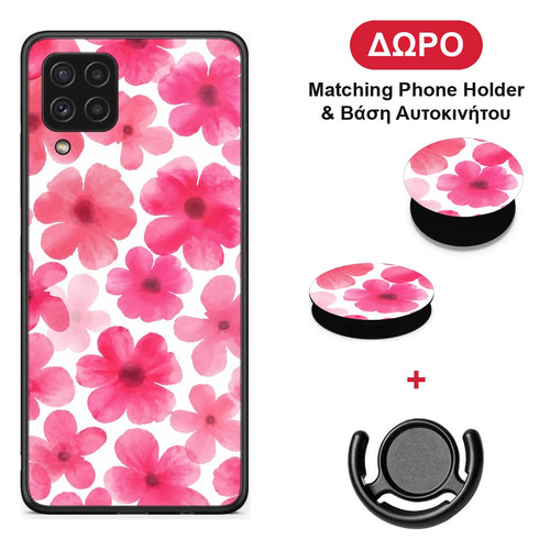 Pink Watercolour Flowers on White - Samsung Galaxy A22 4G θήκη + Δώρο Phone Holder & Βάση Αυτοκινήτου